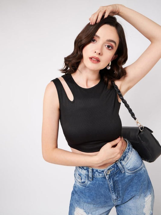 Solid Shoulder Cut-Out Rib Crop Top For Women's