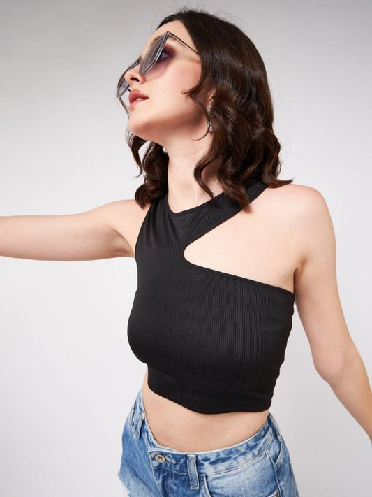 Solid Asymmetric Cut-Out Rib Crop Top For Women's