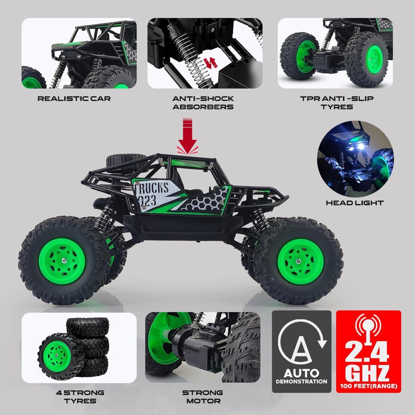 Rechargeable Rock Crawling 2WD 2.4 Ghz 4x4 Rally Car Remote Control Monster Truck (Green)