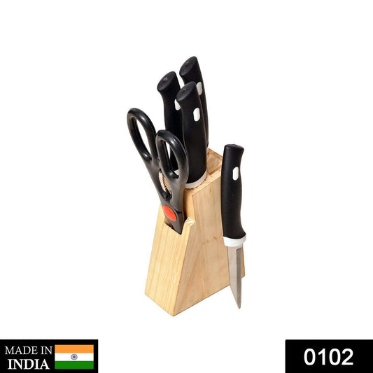102 Kitchen Knife Set with Wooden Block and Scissors (5 pcs, Black) CHOUDHARI DISTRIBUTOR & R R C ELECTRIC WORKS