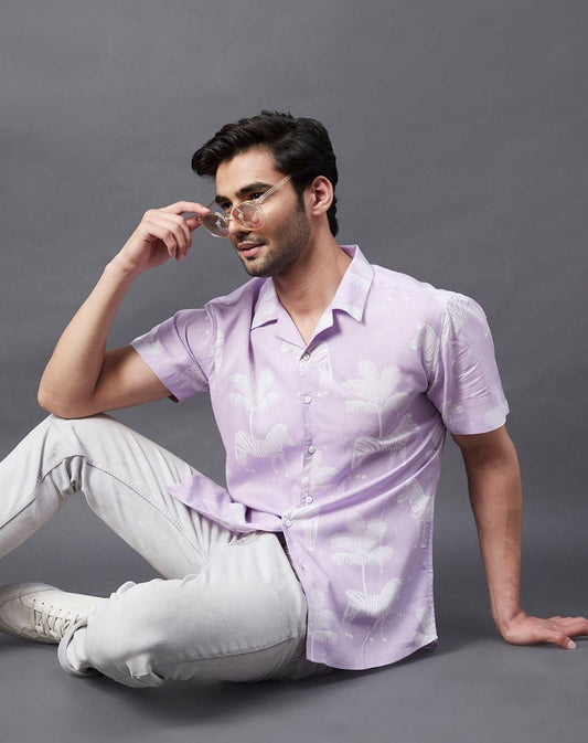 Rigo Men Purple Zebra Print Cuban Collar Half Sleeve Rayon Shirt